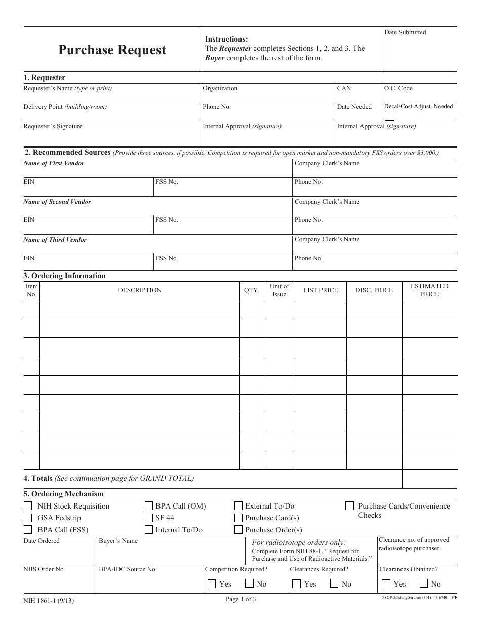 Form NIH1861-1 Purchase Request, Page 1