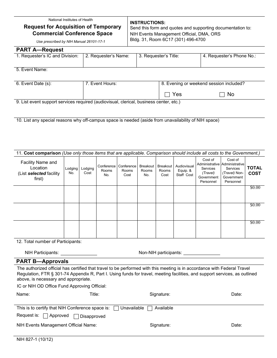 Form NIH827-1 Request for Acquisition of Temporary Commercial Conference Space, Page 1