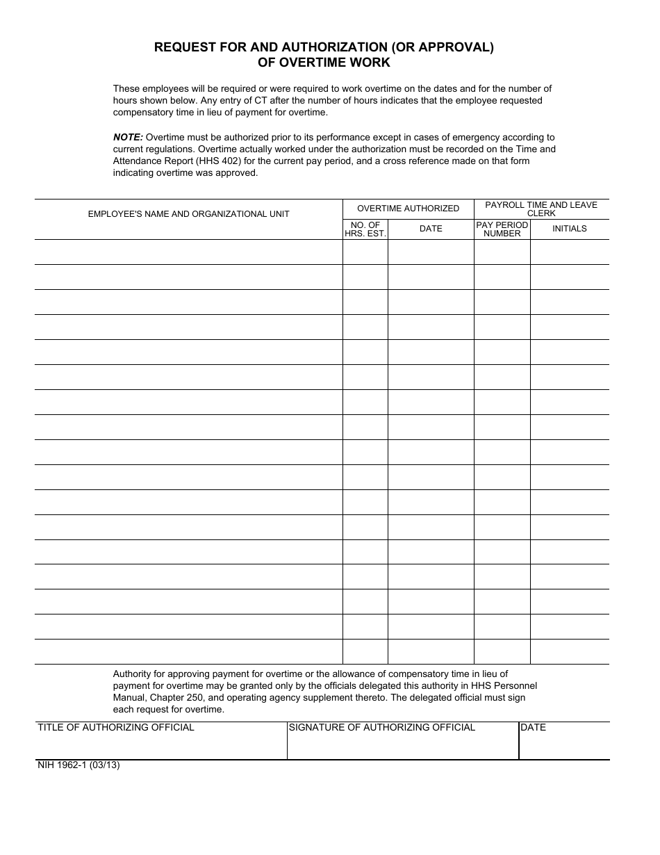 Form NIH1962-1 Request for and Authorization (Or Approval) of Overtime Work, Page 1