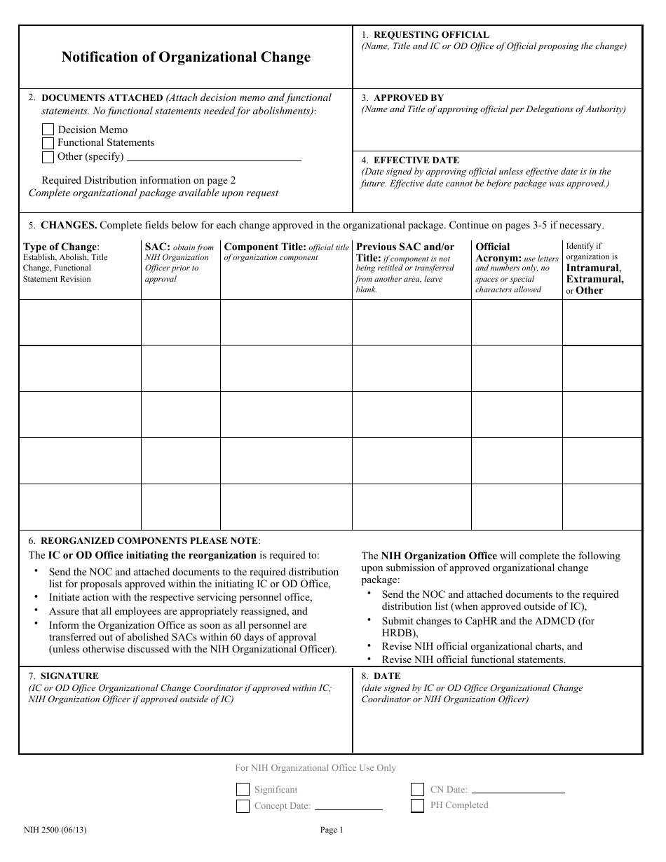 Form NIH-2500 Notification of Organizational Change, Page 1
