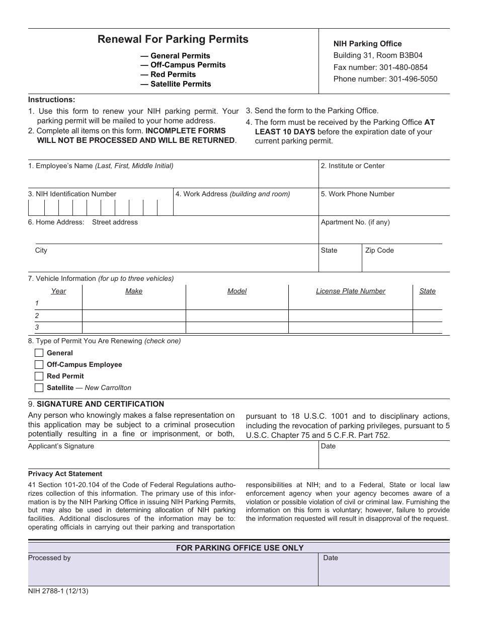 Form NIH2788-1 Renewal for Parking Permits, Page 1
