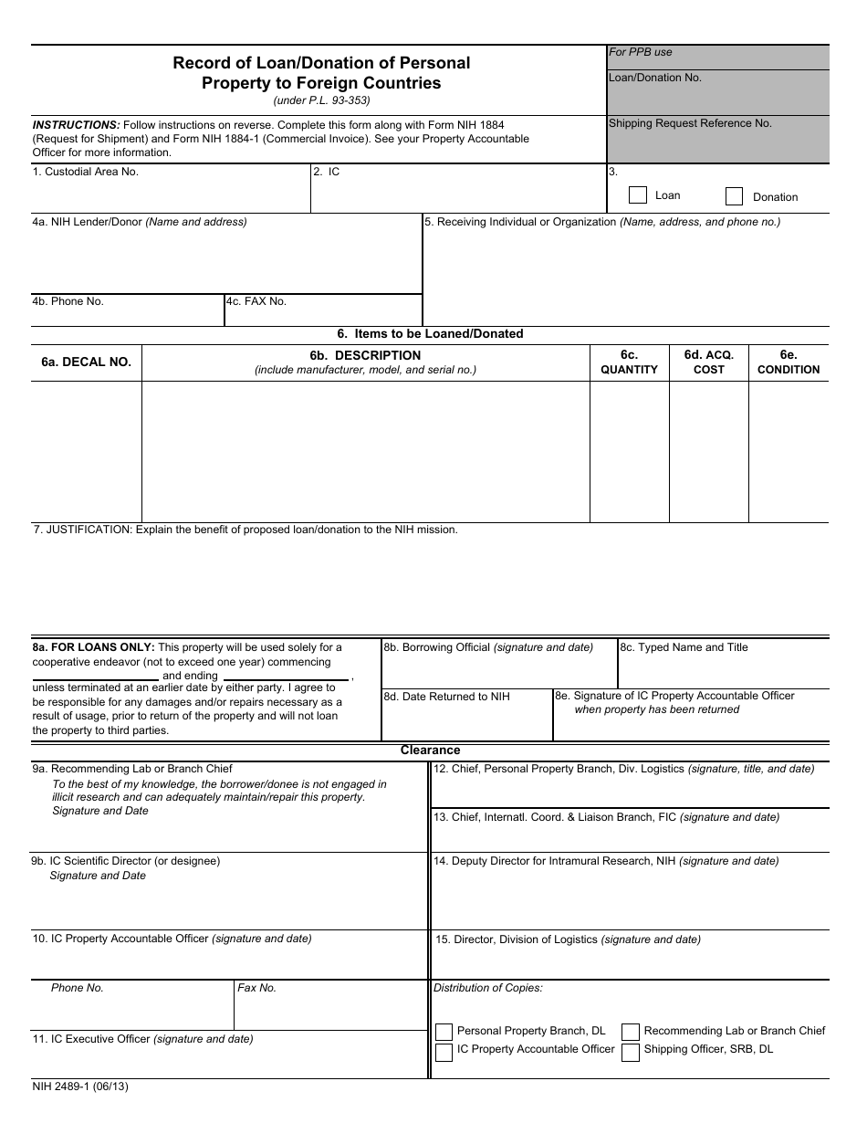 Form NIH2489-1 Record of Loan / Donation of Personal Property to Foreign Countries, Page 1