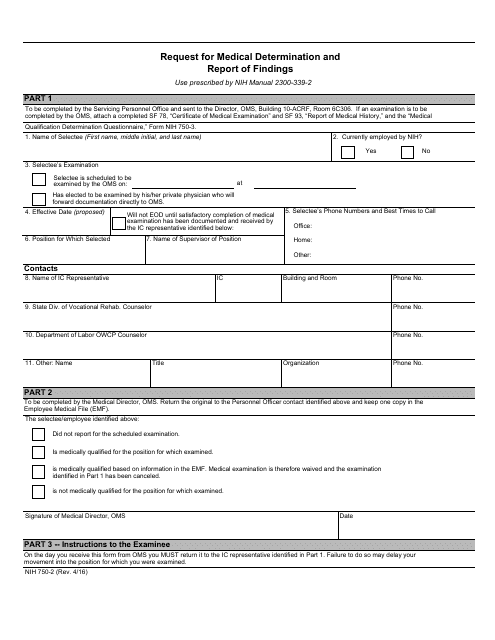Form NIH750-2 Request for Medical Determination and Report of Findings