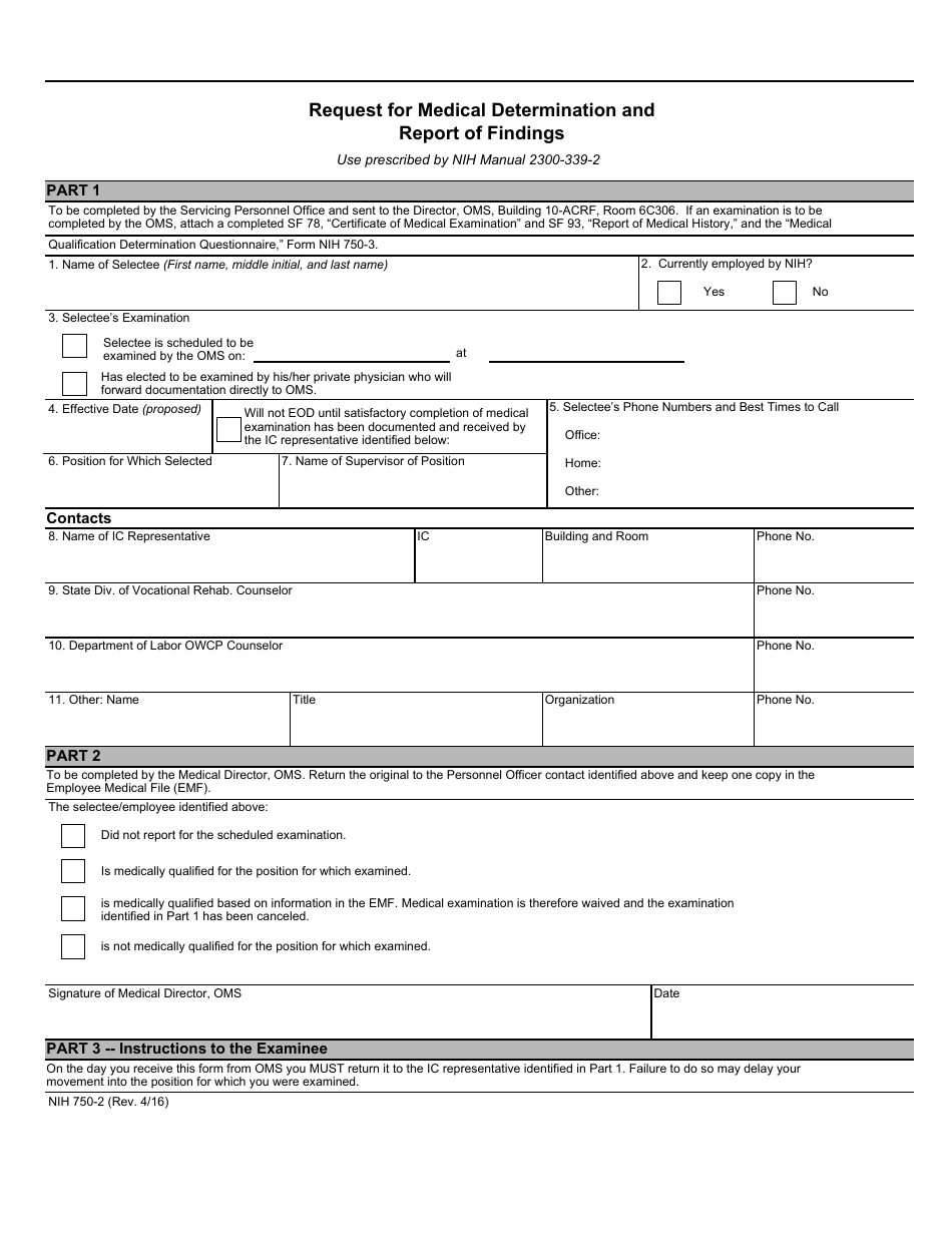 Form NIH750-2 Request for Medical Determination and Report of Findings, Page 1