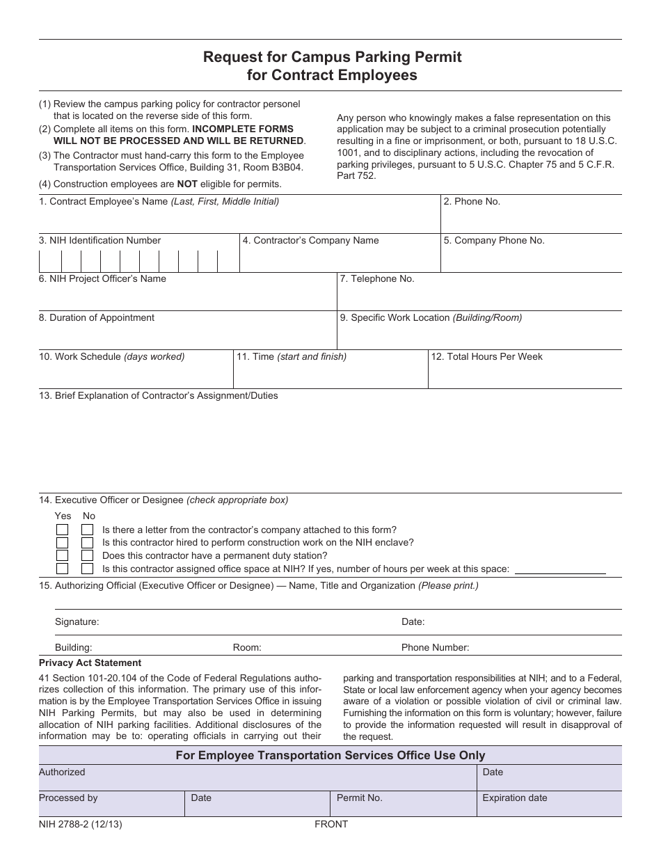 Form NIH-2788-2 Request for Campus Parking Permit for Contract Employees, Page 1