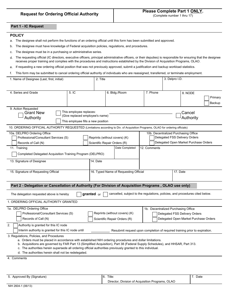 Form NIH-2604-1 Request for Ordering Official Authority, Page 1