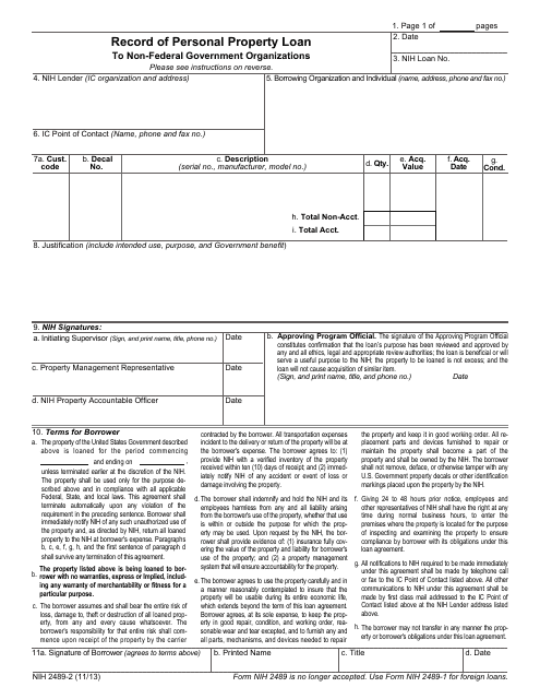 Form NIH-2489-2 Record of Personal Property Loan to Non-federal Government Organizations