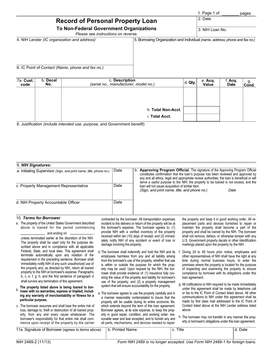 Form NIH-2489-2 Record of Personal Property Loan to Non-federal Government Organizations, Page 1