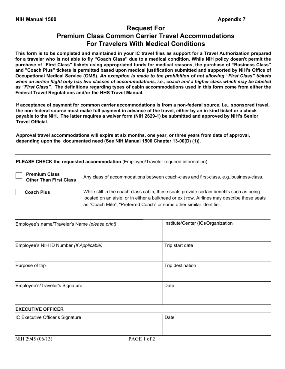 Form 2945 Nih Manual 1500 - Appendix 7 - Request for Premium Class Common Carrier Travel Accommodationsfor Travelers With Medical Conditions, Page 1