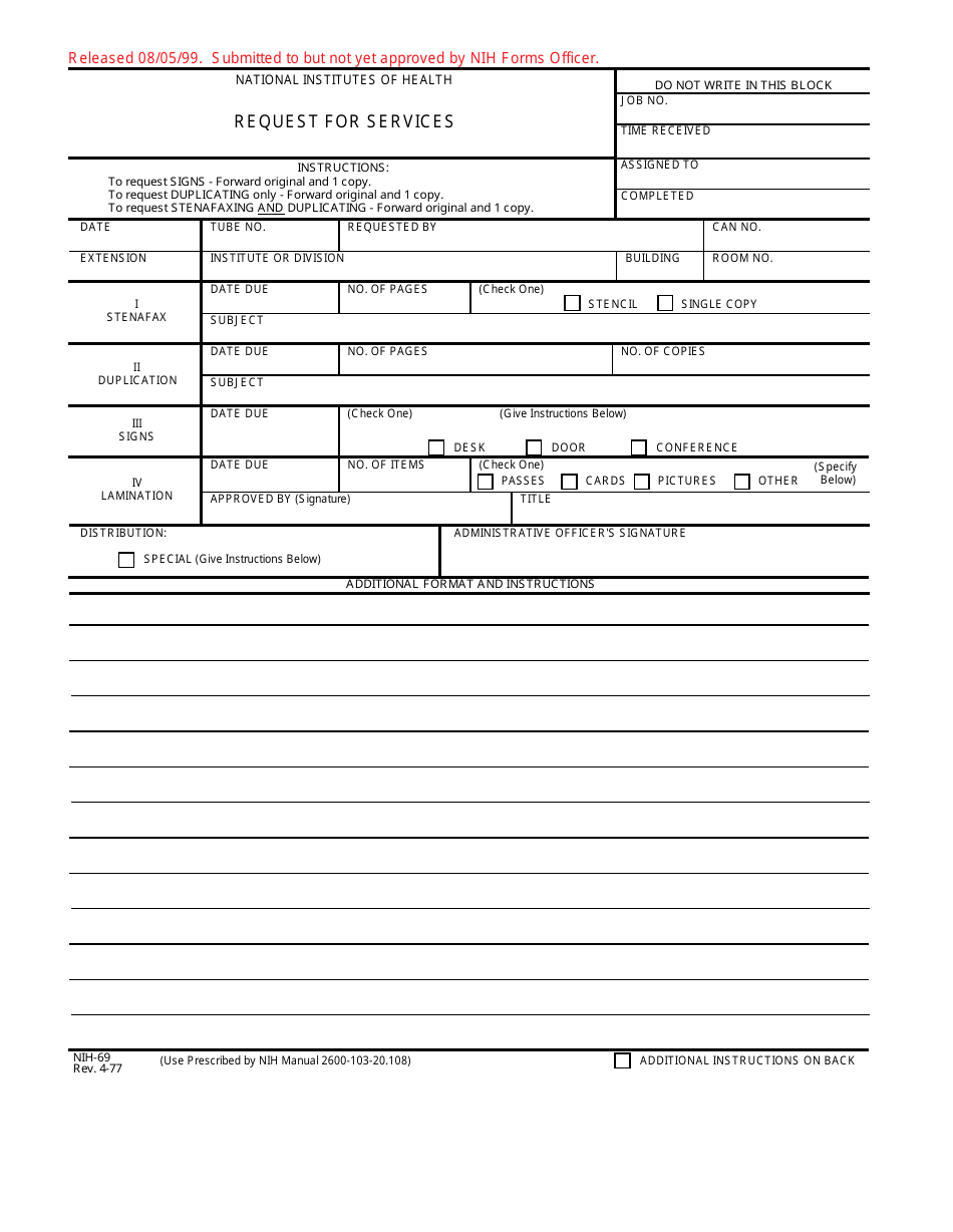 Form NIH-69 Request for Services, Page 1