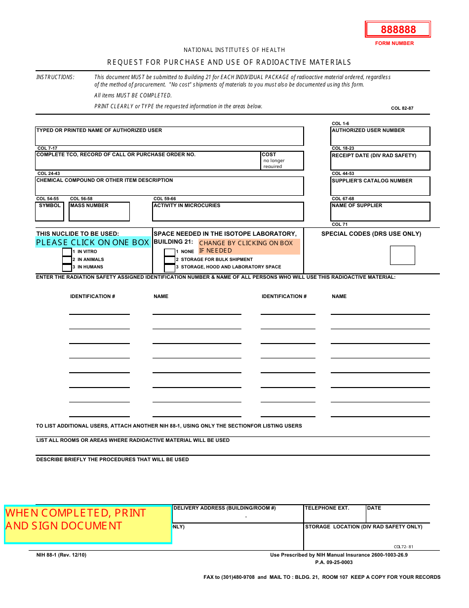 Form NIH-88-1 Request for Purchase and Use of Radioactive Materials, Page 1