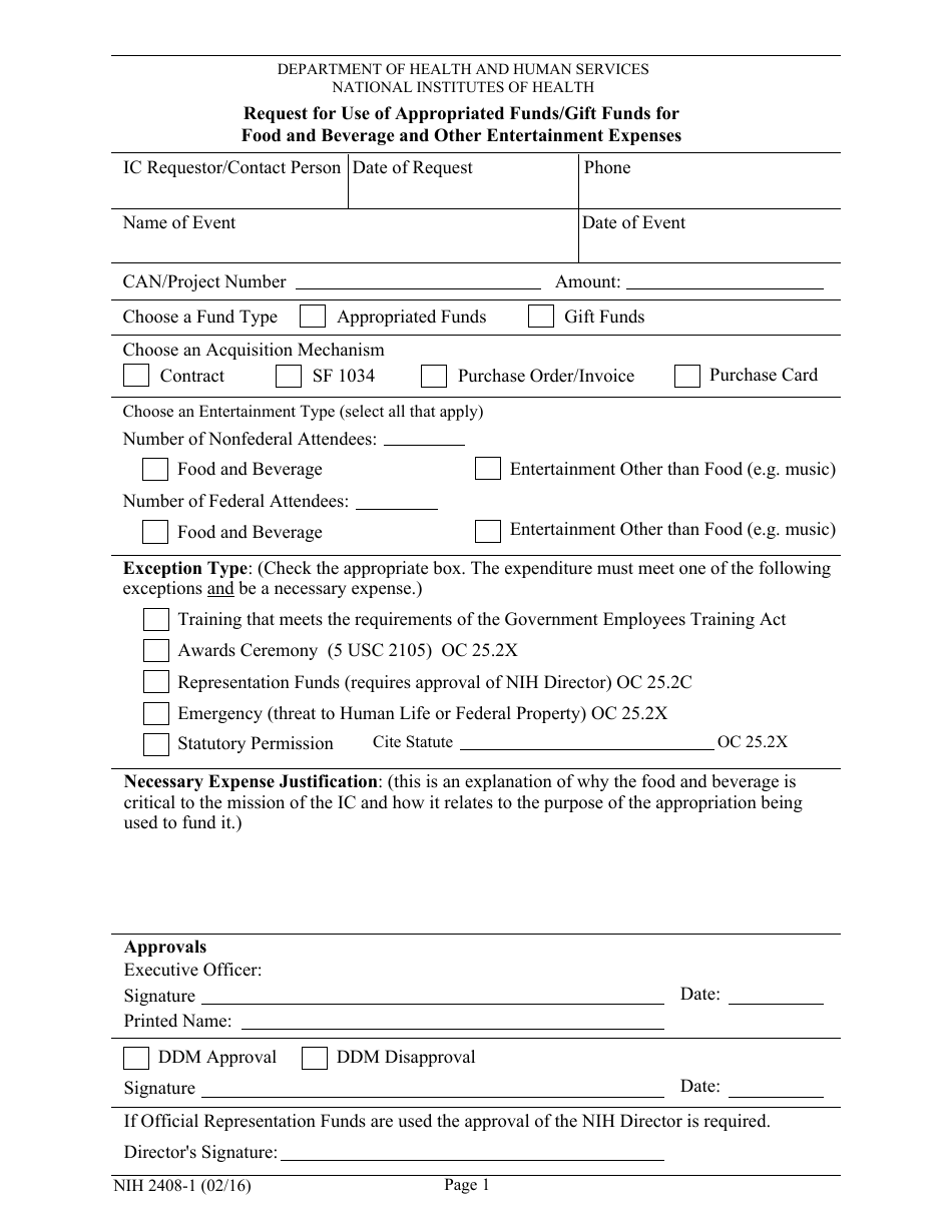 Form NIH-2408-1 Request for Use of Appropriated Funds / Gift Funds for Food and Beverage and Other Entertainment Expenses, Page 1
