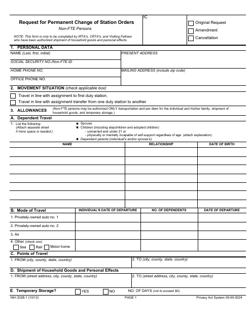 Form NIH-2028-1 Request for Permanent Change of Station Orders