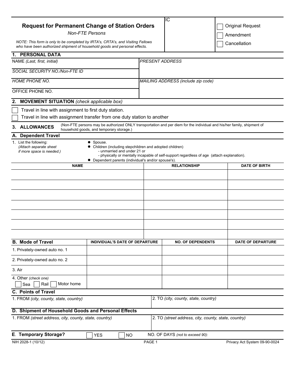 Form NIH-2028-1 Request for Permanent Change of Station Orders, Page 1