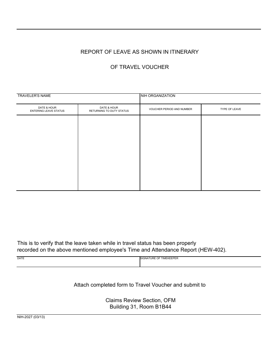 Form NIH-2027 Report of Leave as Shown in Itinerary of Travel Voucher, Page 1