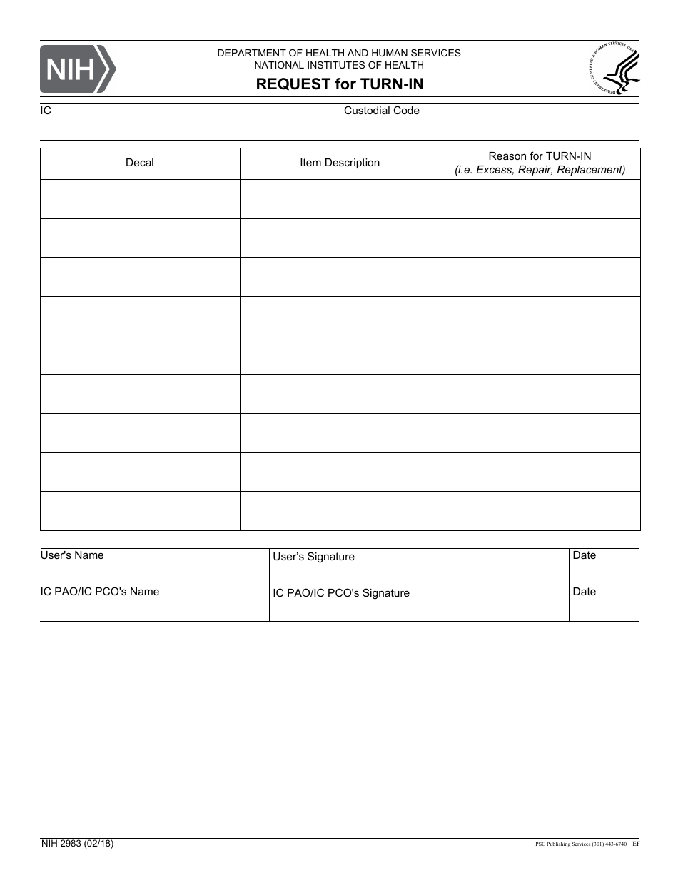 Form NIH-2983 Request for Turn-In, Page 1