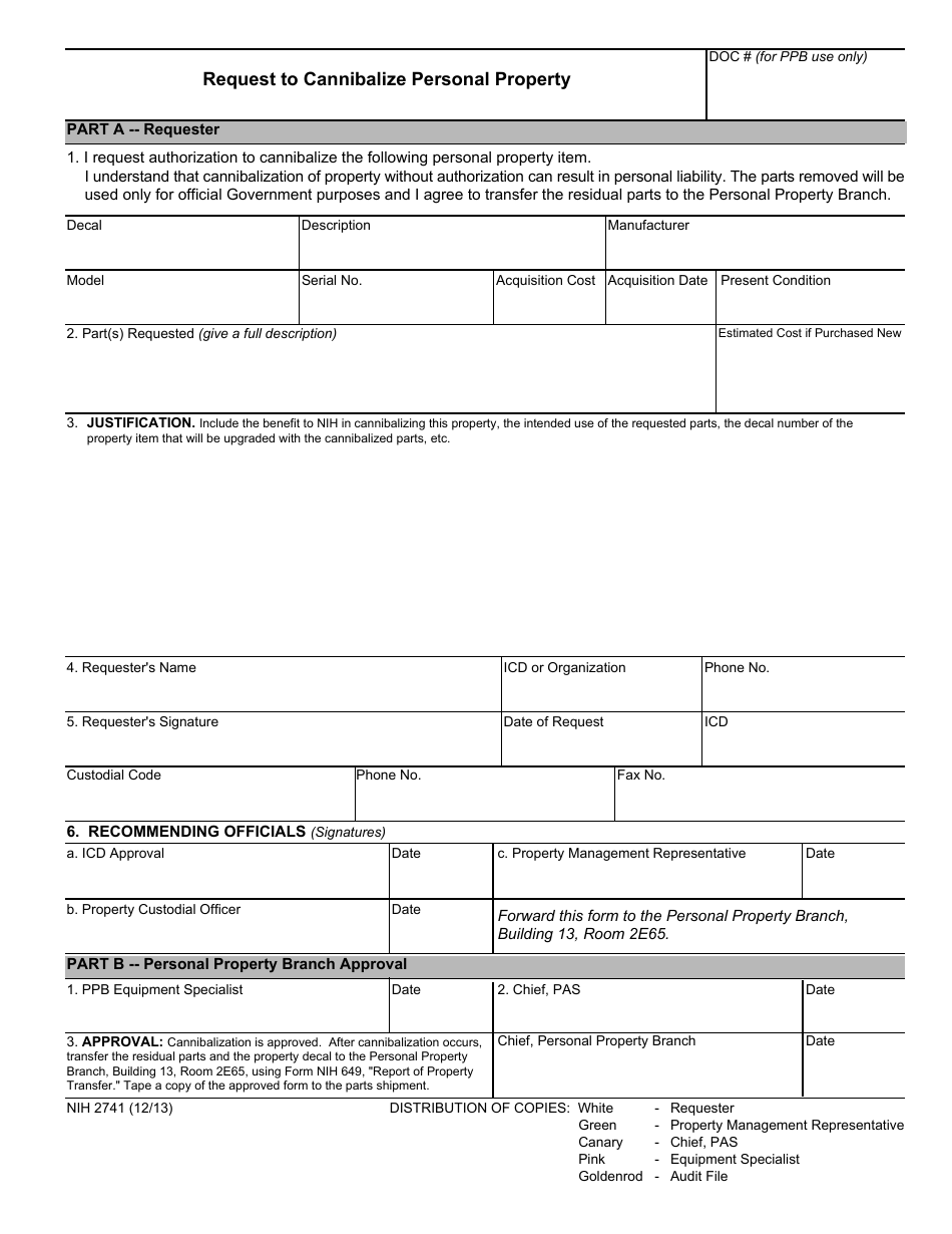 Form NIH-2741 Request to Cannibalize Personal Property, Page 1