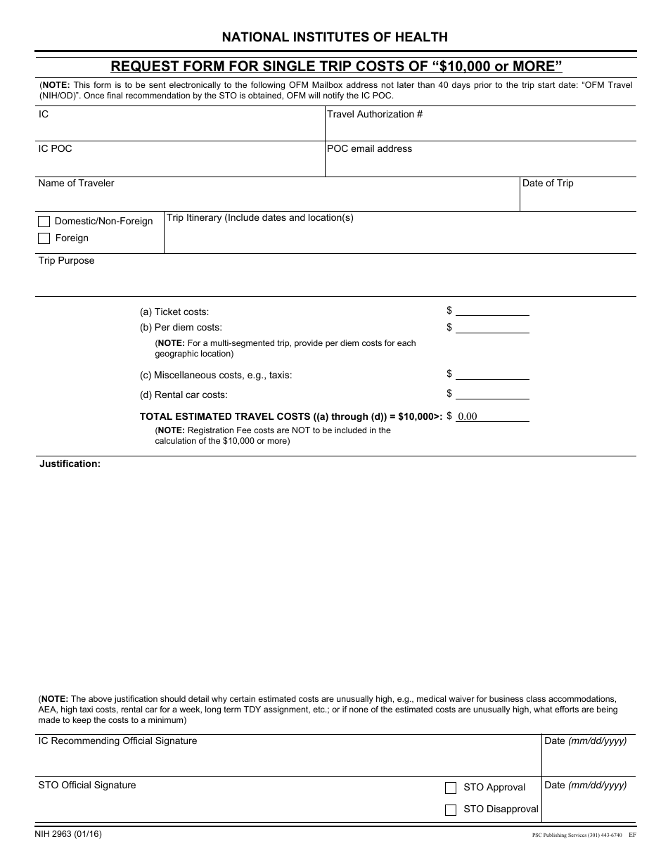 Form 2963 Request Form for Single Trip Costs of $10,000 or More, Page 1