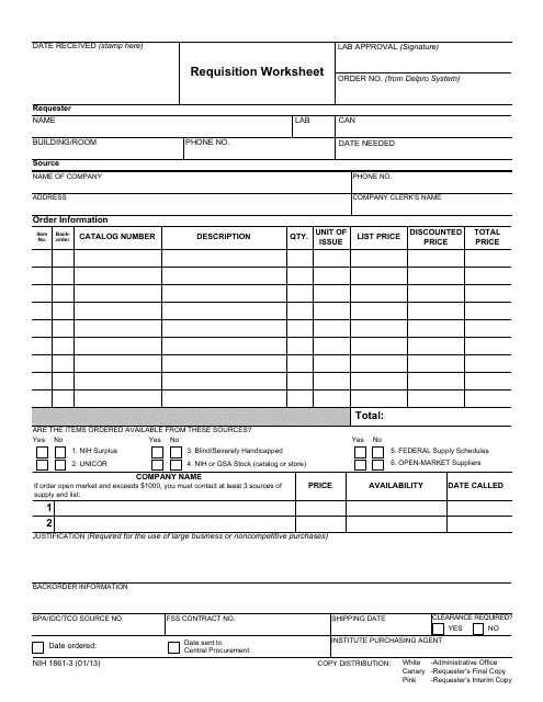 Form NIH-1861-3 Requisition Worksheet