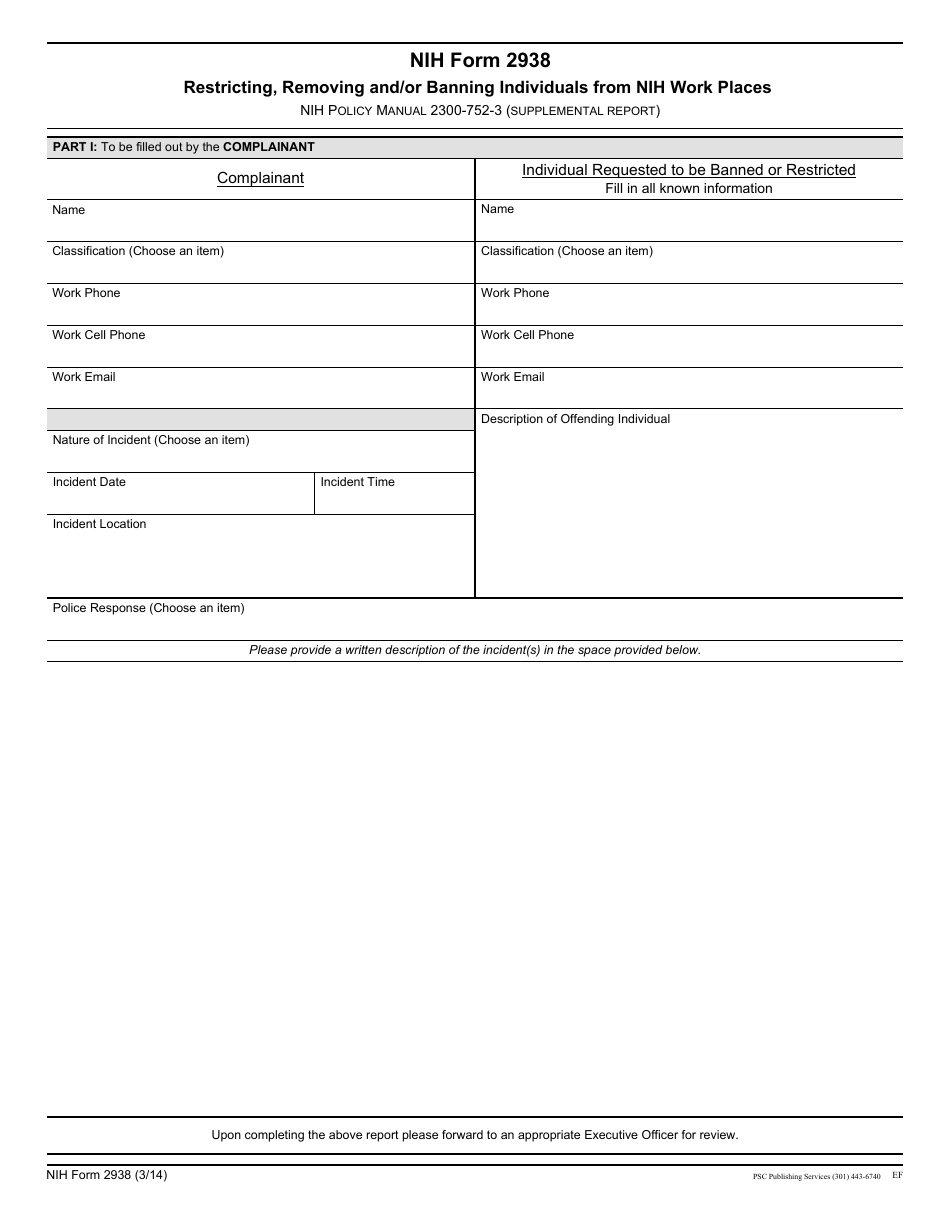 Form 2938 Restricting, Removing and / or Banning Individuals From Nih Work Places, Page 1