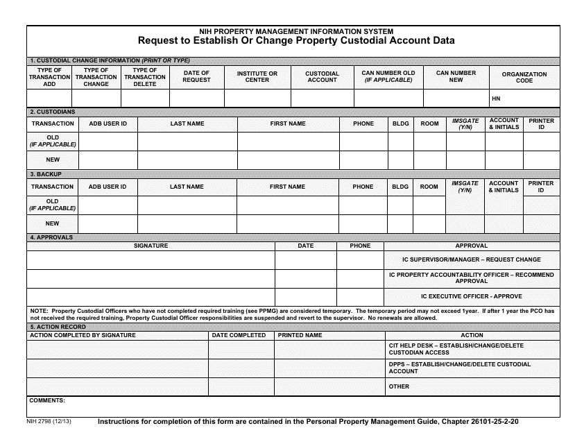 Form NIH-2798 Request to Establish or Change Property Custodial Account Data