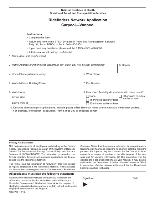 Form NIH-2709 Ridefinders Network Application Carpool"vanpool