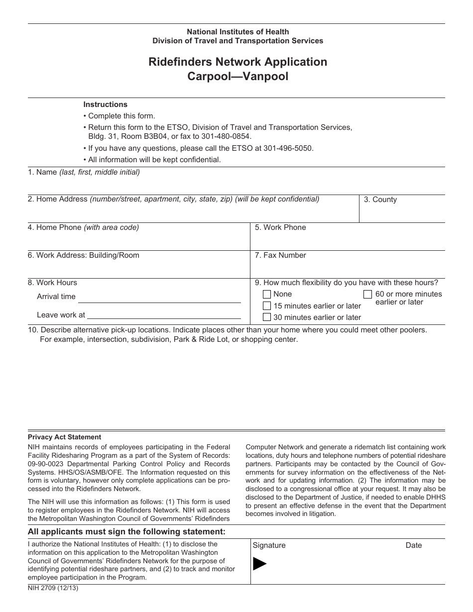Form NIH-2709 Ridefinders Network Application Carpoolvanpool, Page 1