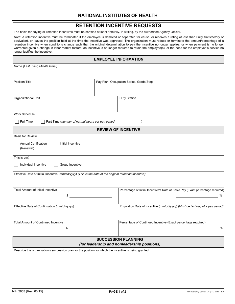 Form NIH-2953 Retention Incentive Requests, Page 1