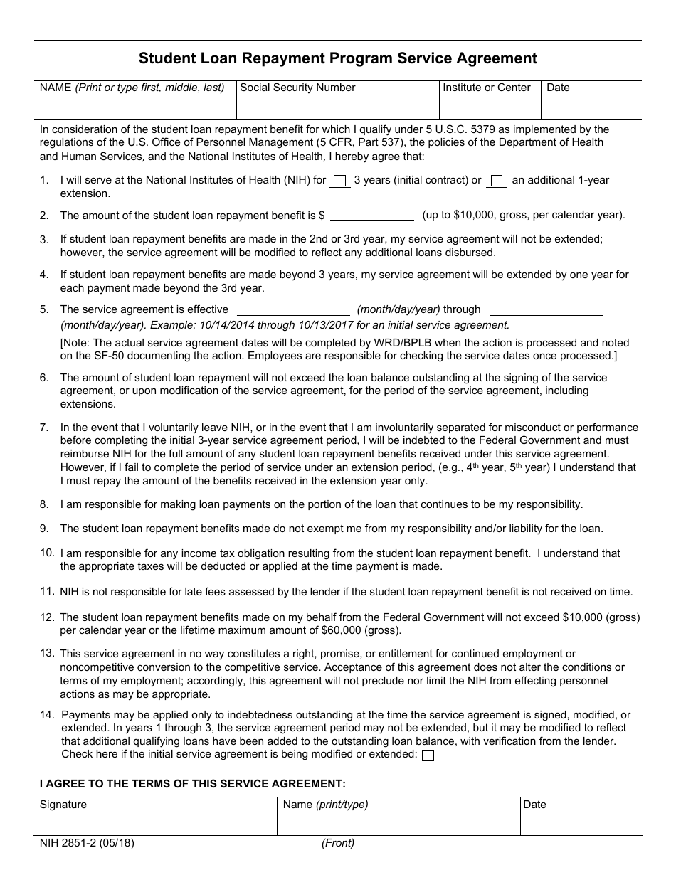 Form NIH-2851-2 Student Loan Repayment Program Service Agreement, Page 1