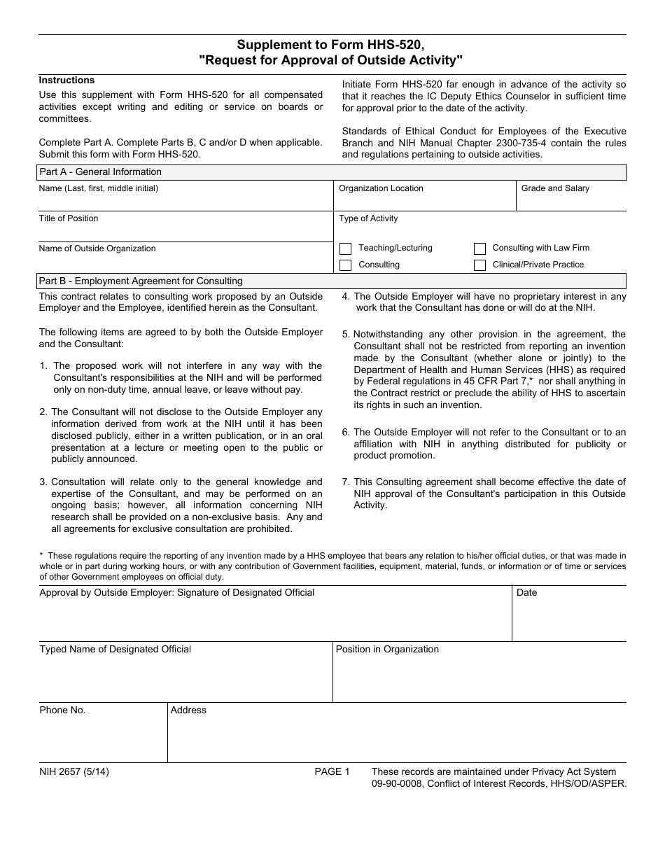 Form NIH2657 Supplement to Form Hhs-520 - Request for Approval of Outside Activity, Page 1
