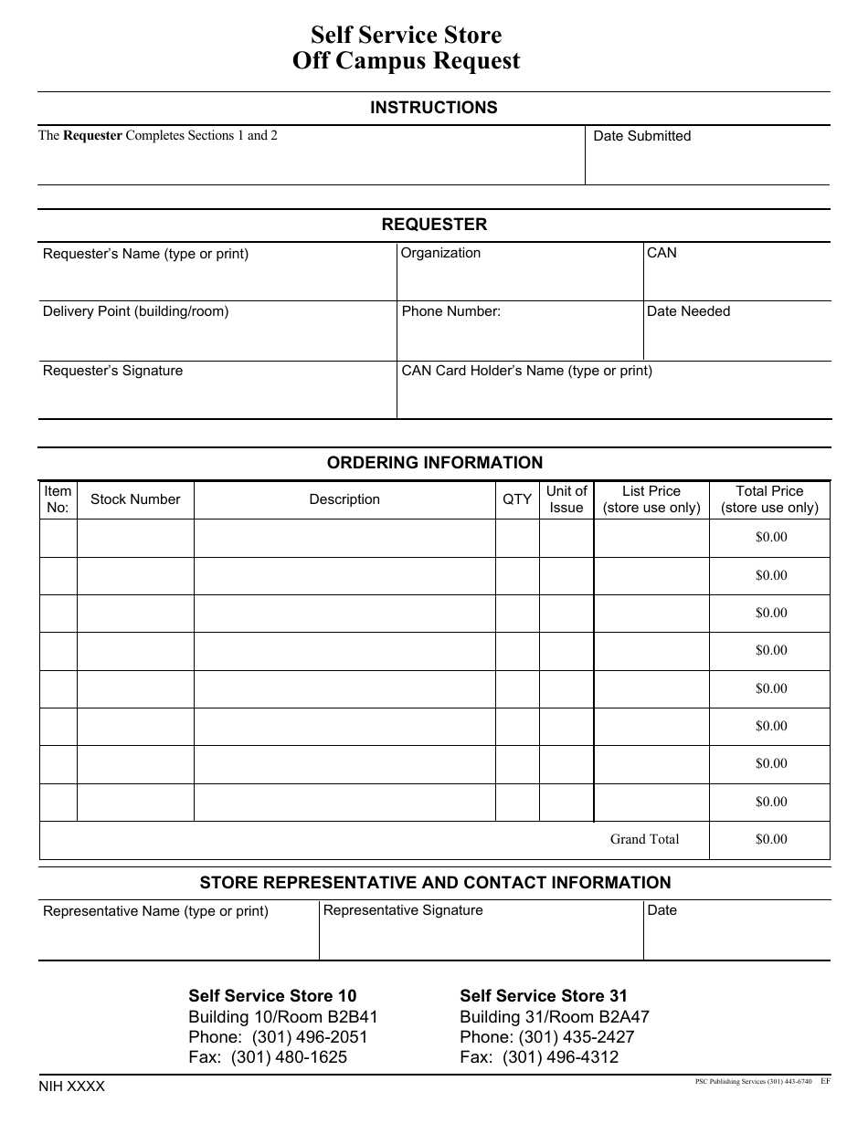 Form NIH XXXX Self Service Store off Campus Request, Page 1