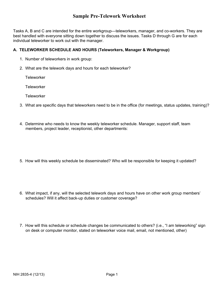 Form NIH-2835-4 Sample Pre-telework Worksheet, Page 1