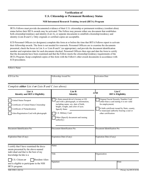 Form NIH-2590-1 Verification of U.S. Citizenship or Permanent Residency Status