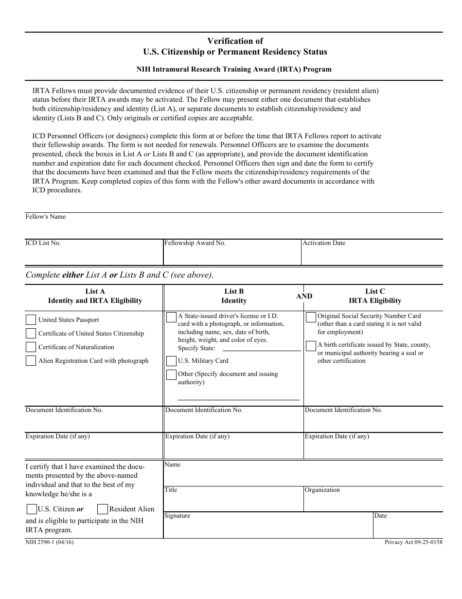 Form NIH-2590-1 Verification of U.S. Citizenship or Permanent Residency Status, Page 1