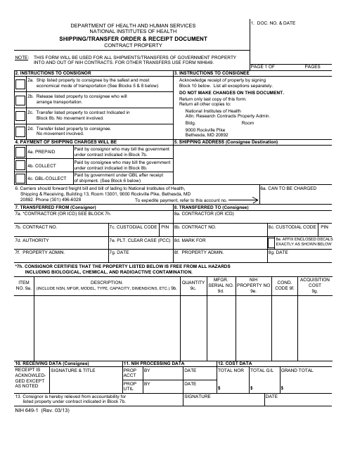 Form NIH-649-1 Shipping/Transfer Order & Receipt Document