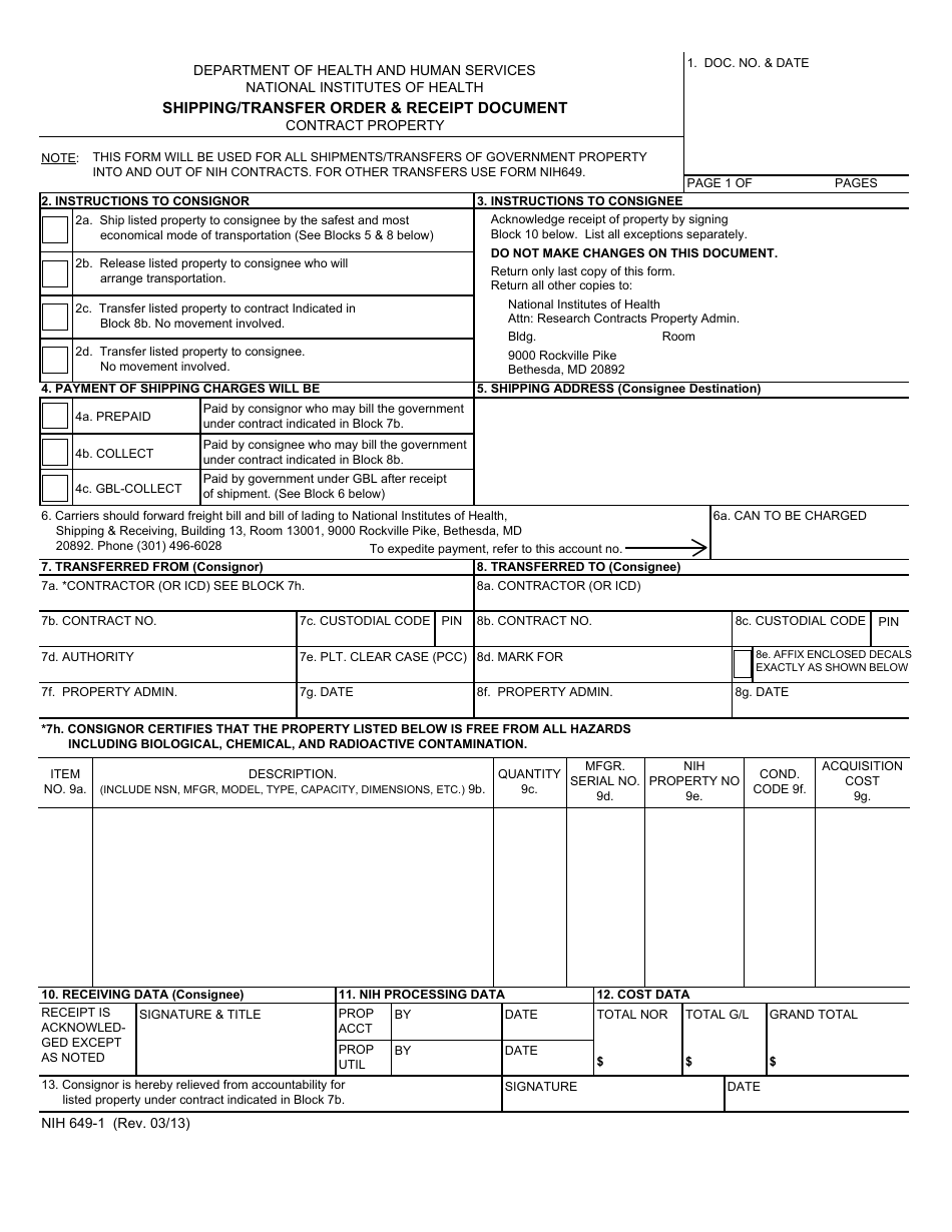 Form NIH-649-1 Shipping / Transfer Order  Receipt Document, Page 1