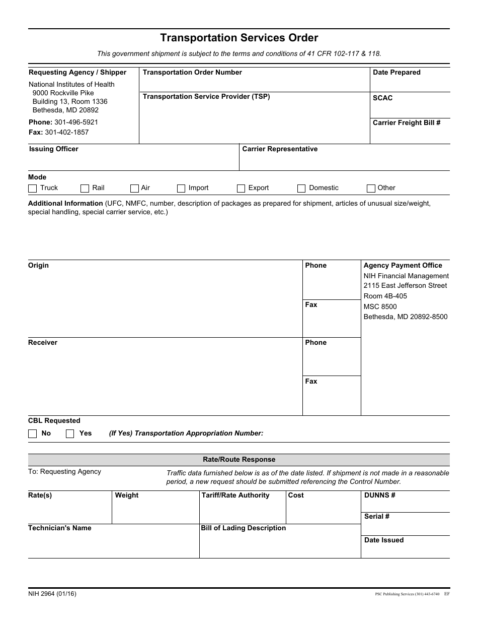 Form NIH-2964 Transportation Services Order, Page 1
