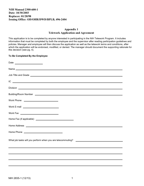 Form NIH2835-1 Appendix 1 Telework Application and Agreement