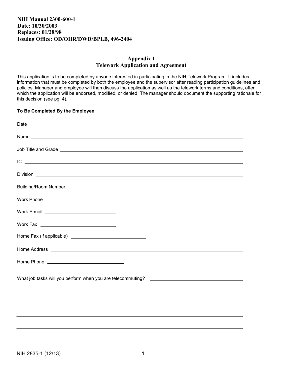 Form NIH2835-1 Appendix 1 Telework Application and Agreement, Page 1
