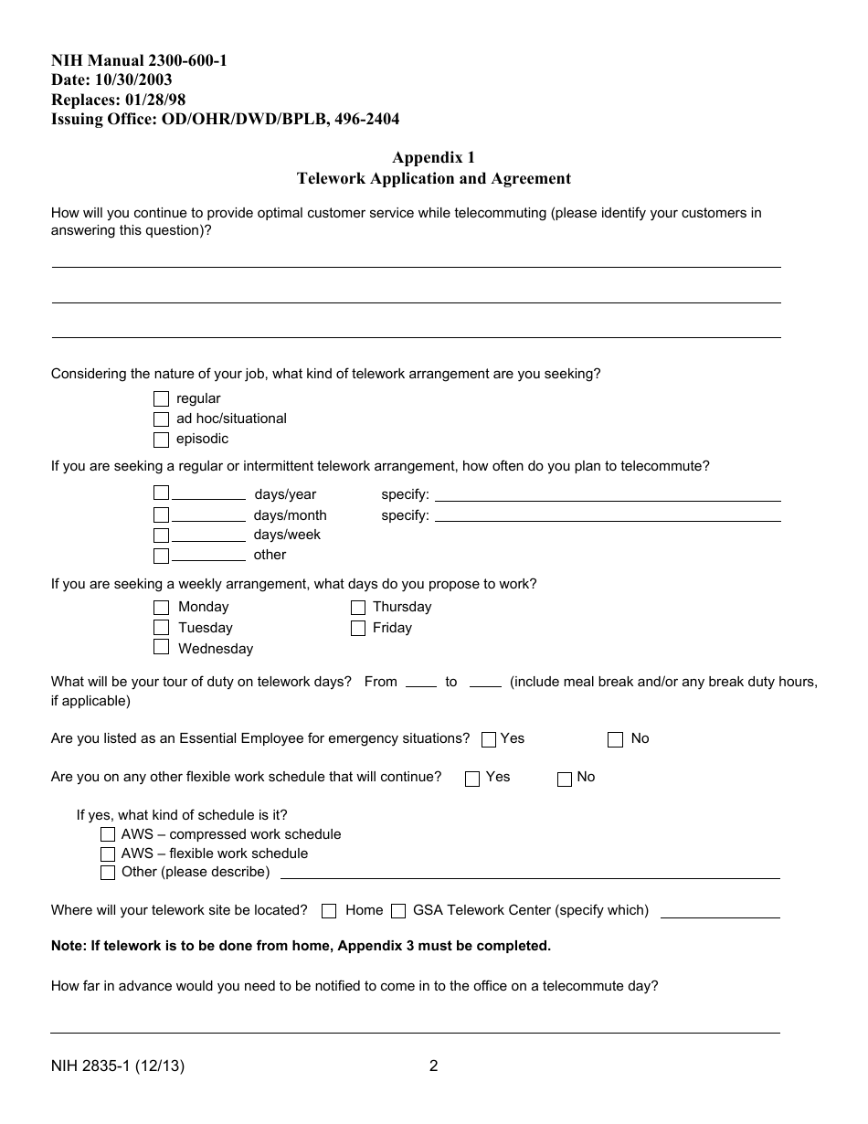 Form NIH2835-1 Appendix 1 Telework Application and Agreement, Page 2