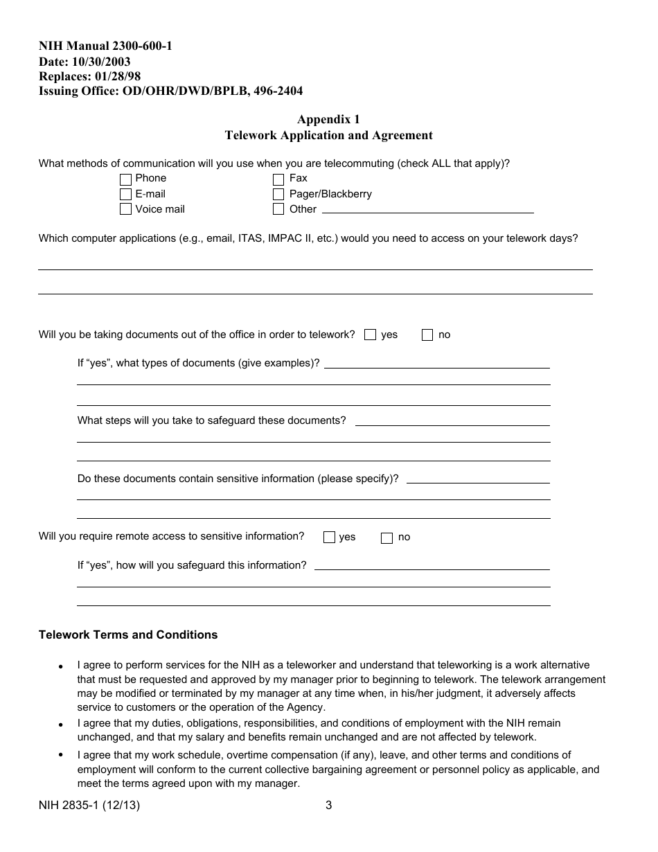 Form NIH2835-1 Appendix 1 Telework Application and Agreement, Page 3