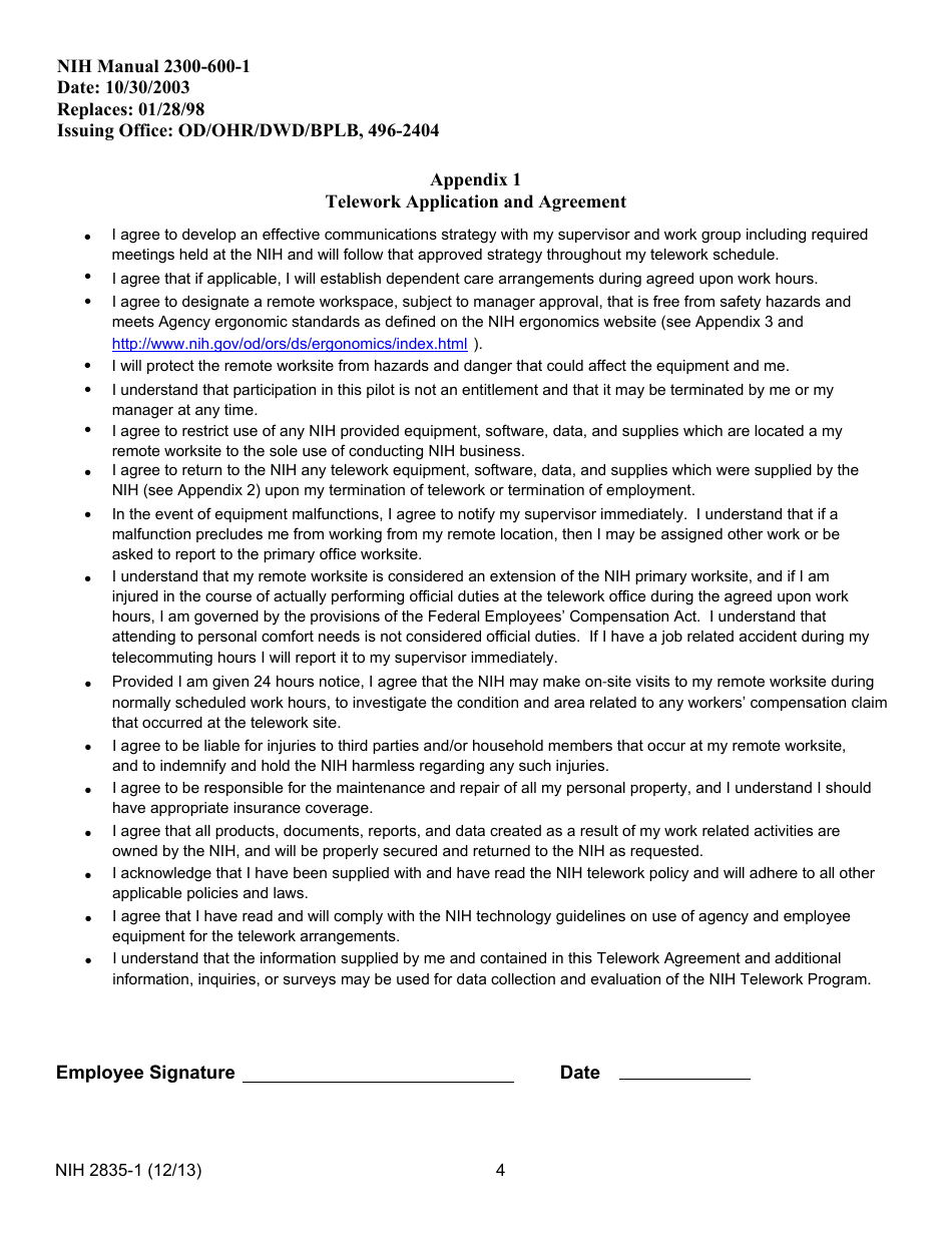 Form NIH2835-1 Appendix 1 Telework Application and Agreement, Page 4