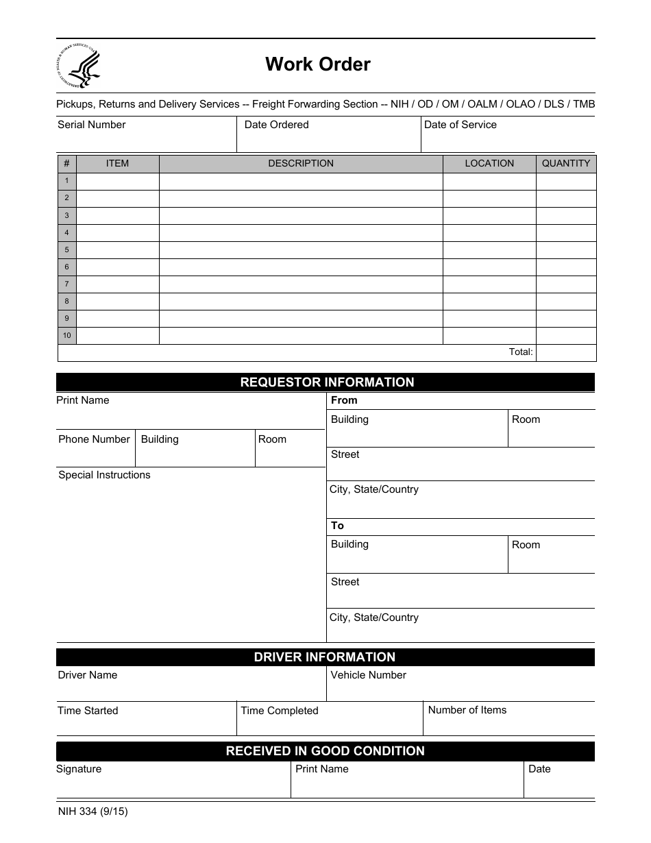 Form NIH-334 Work Order, Page 1
