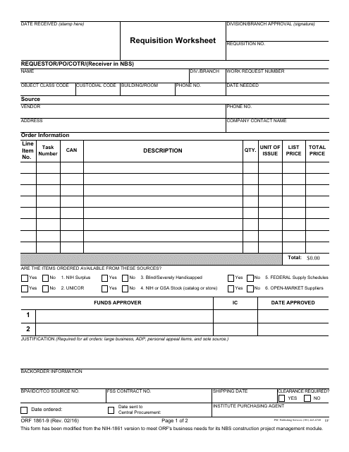 Form ORF1861-9 Requisition Worksheet