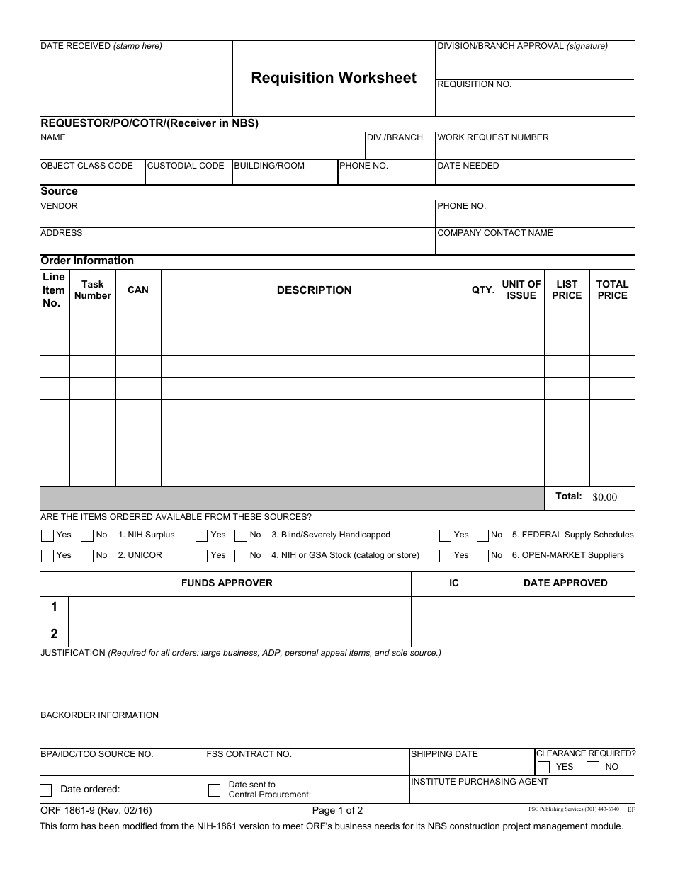Form ORF1861-9 Requisition Worksheet, Page 1