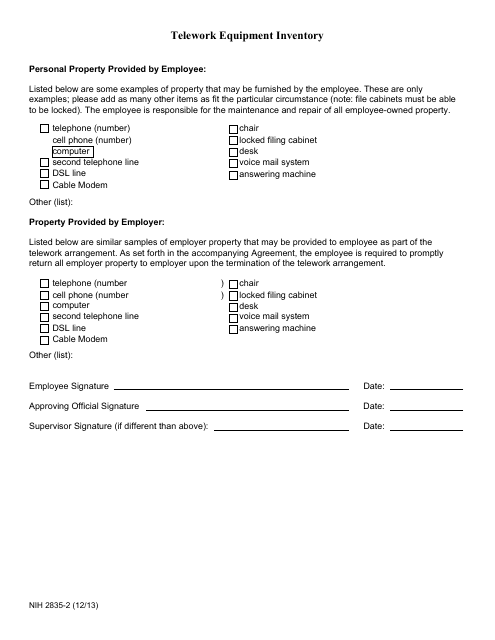 Form NIH2835-2 Telework Equipment Inventory