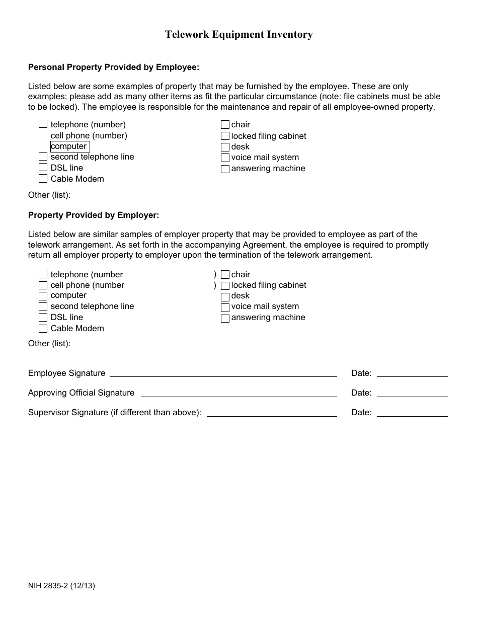 Form NIH2835-2 Telework Equipment Inventory, Page 1