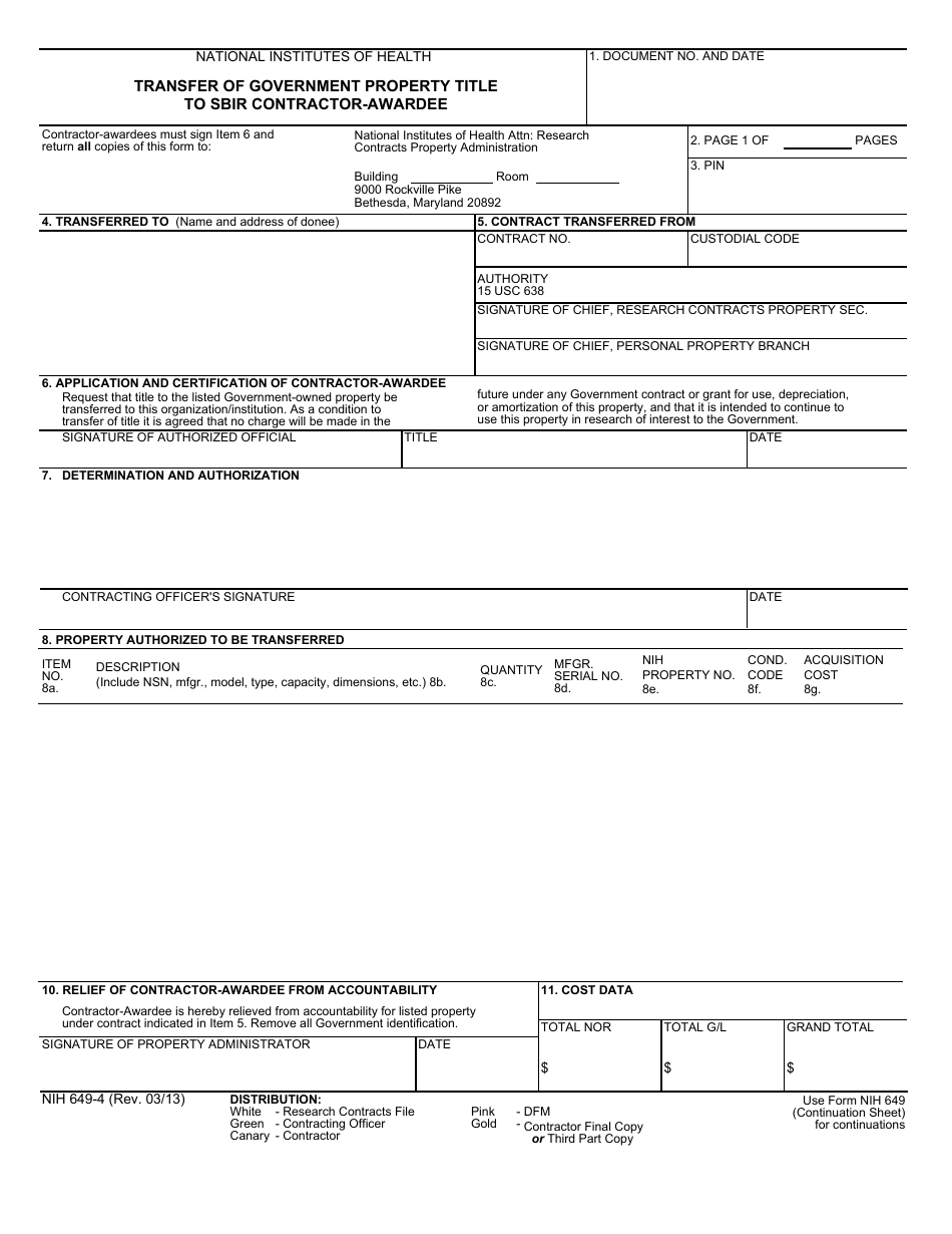 Form NIH-649-4 Transfer of Government Property Title to Sbir Contractor-Awardee, Page 1