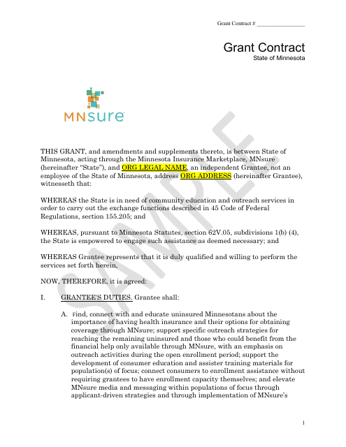 Health Insurance Grant Contract - Mnsure - Sample - Minnesota