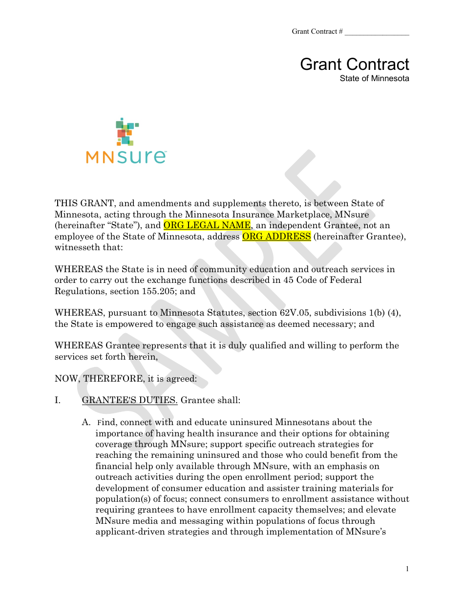 Health Insurance Grant Contract - Mnsure - Sample - Minnesota, Page 1
